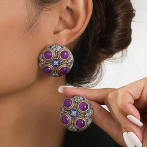 Boho Cloisonné Stud Earrings | Purple Cabochon Floral Bronze